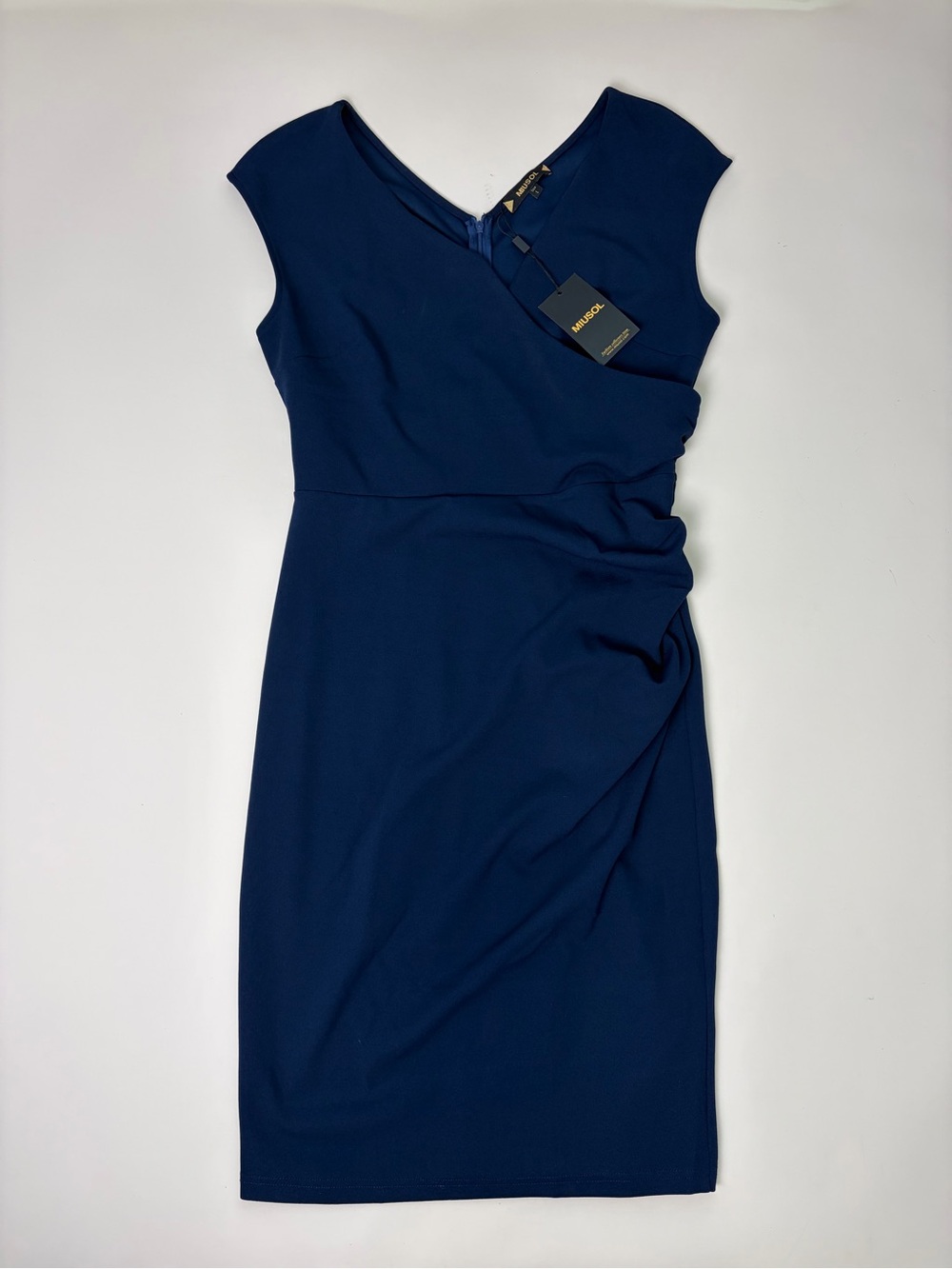 MIUSOL Navy Blue Ruched Faux Wrap Sheath Dress Size L NWT